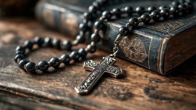 Black rosary beads on closed bible in soft daylight with warm tones near wooden objects and a serene setting