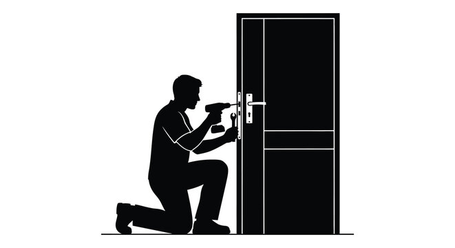 A man is kneeling to install a door lock depicted in a striking black silhouette high quality professional detailed modern elegant