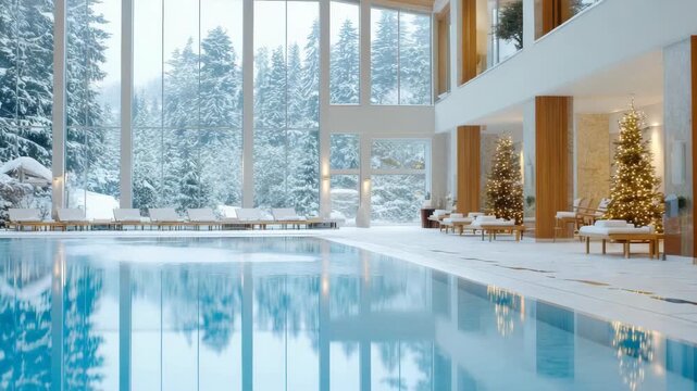 Serene Spa: Interior view of an indoor pool, with snow-covered trees viewed through large windows, illuminated by soft natural light. Creating a peaceful ambiance and luxurious appeal. 