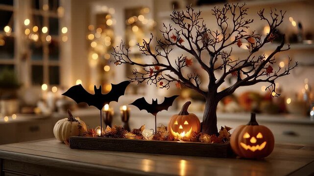 Decorations for Halloween with bats and a spooky tree placed on a table in a cozy home setting during the fall season