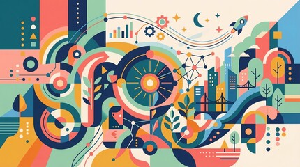Obraz premium Abstract modern cityscape illustration with technology, gears, and abstract shapes in a vibrant urban landscape from a dynamic viewpoint