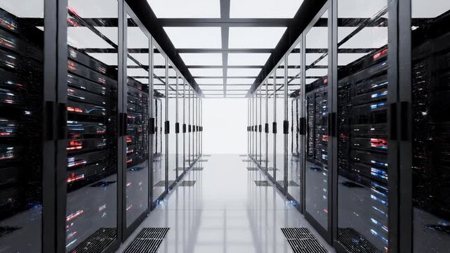 Bright data center aisle with server racks.