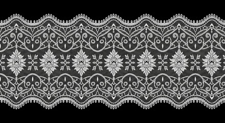 Seamless White Ornate Floral Lace Border Vector Pattern on Black Background