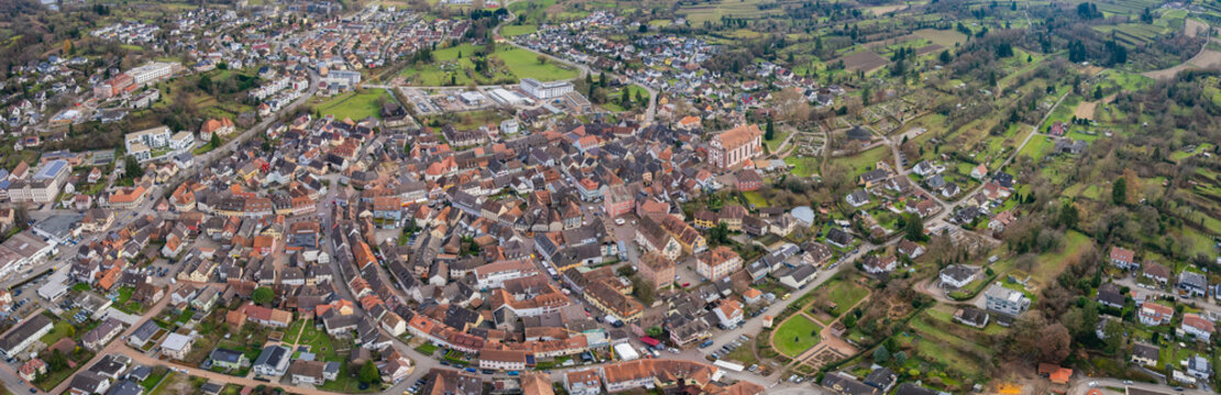 Aerial view around the old town of the city Ettenheim in Germany on a sunny late autumn noon