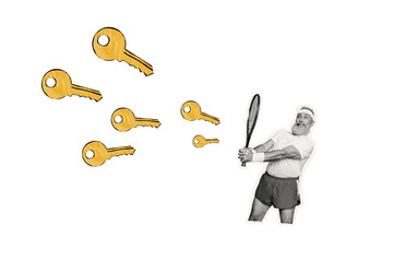 Composite trend artwork 3D sketch image photo collage of silhouette aged man play tennis kick...