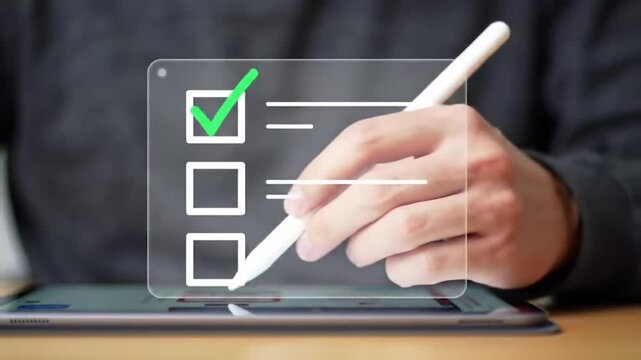Hands completing checklist on digital tablet with stylus, business task completion, stock media