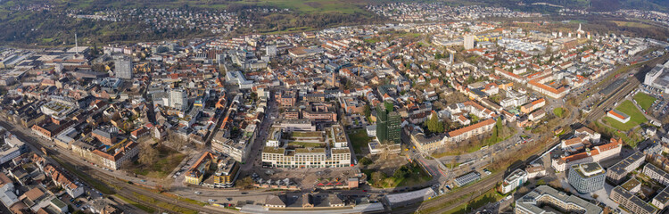 Obraz premium Aerial view around the old town of the city Lörrach in Germany on a sunny late autumn noon