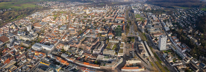Aerial view around the old town of the city Lörrach in Germany on a sunny late autumn noon