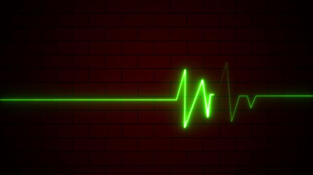 Green-colored neon ECG heartbeat line animation. Heart monitor neon, health line on brick wall, for health care projects. Heart bit signal animated. 4k video.