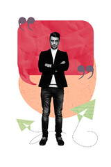 Fototapeta premium Composite trend artwork sketch image photo collage of speech cloud social media messenger sms plane fly handsome guy businessman stand