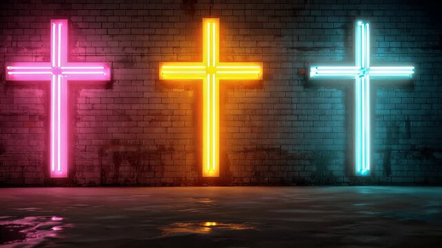 Three glowing neon crosses shine in a dark space creating a bright display against a black background