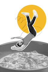 Naklejka premium Vertical photo trend art collage of scared guy fall cereal milk bowl dairy product nutrition breakfast cornflakes meal diet plate