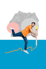 Fototapeta premium Vertical photo collage of happy businessman hold pencil light bulb draw tactics development line idea isolated on painted background