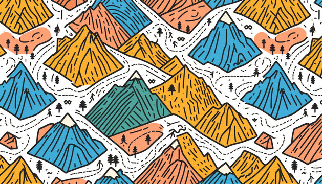 hiking trails seamless vector pattern with mountains