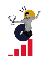 Art image vertical photo collage of happy businessman jump chart statistics gold goblet reward...