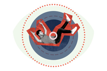 Fototapeta premium Creative sketch collage of shocked guy fall eyeball stare control weapon target gun freemason achievement goal killer vision