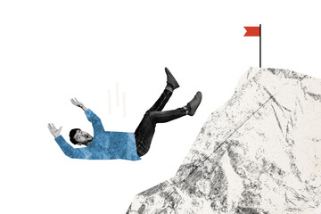 Fototapeta premium Composite photo collage of scared man fall mountain hill flagpole aim problem failure decline loss isolated on painted background