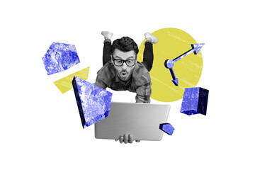 Composite trend artwork 3D sketch collage of red backdrop miniature young guy student eyewear work...