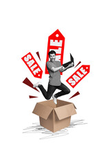 Vertical photo collage of excited man jump box parcel type laptop sale tag black friday offer...