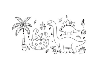 Collection of adorable outline dinosaurs including a baby hatching from an egg with a palm tree © BULBUL ISLAM