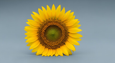 Obraz premium Single bright sunflower placed on soft blue background, top view minimal floral composition, vibrant yellow petals with natural texture, soft studio lighting, subtle shadow,