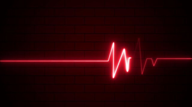 Red-colored neon ECG heartbeat line animation. Heart monitor neon, health line on brick wall, for health care projects. Heart bit signal animated. 4k video.