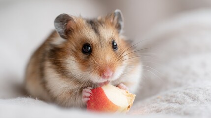 Syrian hamster eating a fresh red apple slice. Cute little rodent with fluffy fur snacks on fruit. Domestic animal pet lifestyle, small critter nutrition and funny animal behavior concept.
