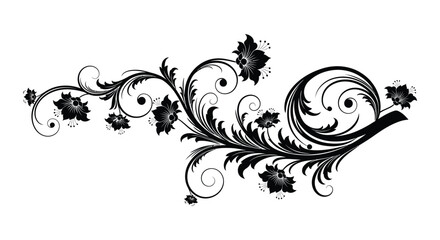 An elegant black floral arrangement with swirling leaves and blossoms creates a decorative border a striking silhouette high quality professional detailed © Creativekhairul02