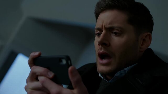 Man reacting to upsetting news on smartphone, text message shock, bad update man phone smartphone, screen.