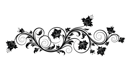 An elegant floral arrangement composed of swirling vines and blossoms presented as a striking black silhouette high quality professional detailed modern © Creativekhairul02