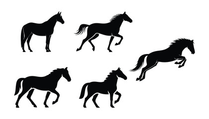 Set of 5 black horse silhouettes vector illustrations, depicting various poses like standing, running, trotting, and jumping, ideal for equestrian designs.