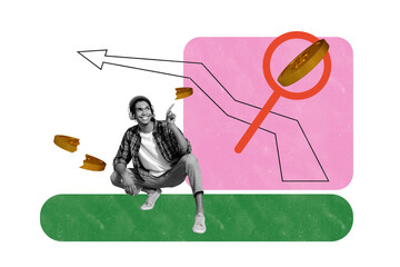 Contemporary poster trend art collage of happy american guy wear headphones listen music arrow...