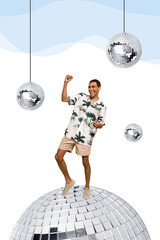 Vertical collage young man dancer party entertainment positive mood discoball sphere nightclub...