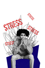 Composite trend artwork sketch collage of young man emoji bad mood sad face sit hand hold together...