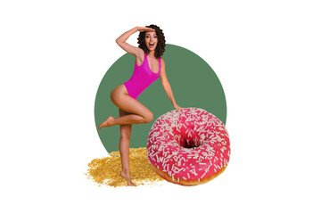 Composite art 3d creative image collage of happy girl wear bikini swimsuit stand donut sweet cream...