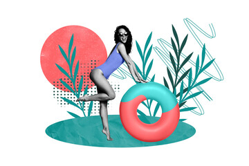 Creative collage picture image young attractive fit cheerful girl bikini flora resort vacation...