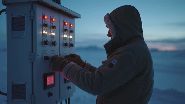Man in winter clothing repairing electrical panel at oil field in winter. Industrial maintenance, technical work, and Arctic conditions.