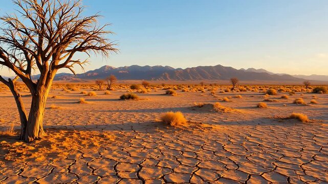 Desert landscape with cracked ground and tree