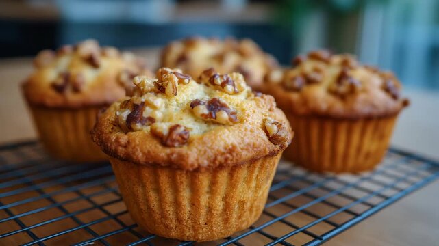 441Close-up of freshly baked muffins on wire cooling rack, golden brown with chopped walnuts and crumbly streusel topping, homemade baking display, sweet breakfast treats morning past