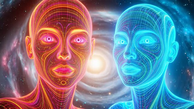 Two wireframe human heads in space