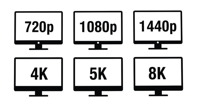 Vector graphic illustration showcasing various screen resolutions from standard definition to ultra-high definition.