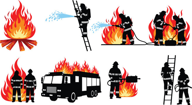 Black silhouette set of firefighters extinguishing flames with water on ladders and near fire trucks isolated on white background for emergency rescue