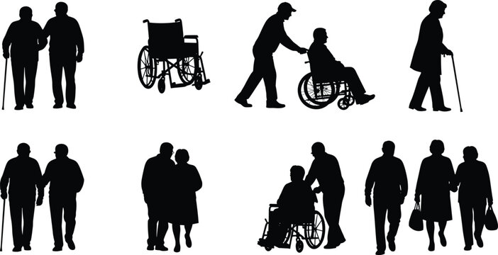 Black silhouettes of elderly individuals with caregivers, wheelchairs, and companionship scenes representing aging, mobility assistance, and supportive care