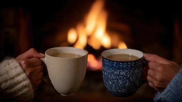 Close-up of faceless parents and children&rsquo;s hands holding mugs near fireplace, soft firelight illuminating faces and room, cozy home atmosphere, warm family bonding, defocused back
