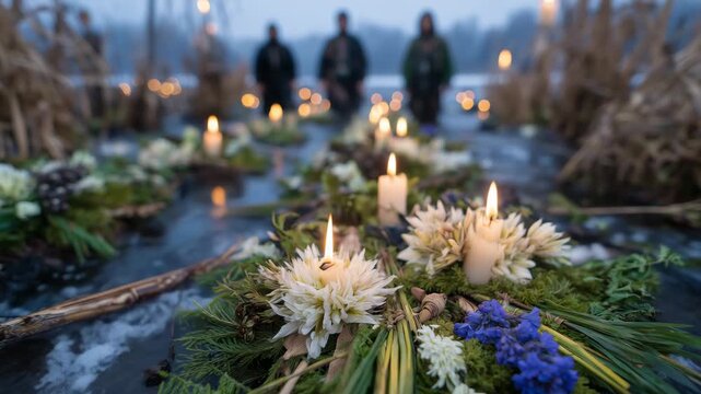 Close-up of frozen lake edge with ritual candles and small offerings, mystical winter solstice ceremony, faceless participants in background, serene reflection, cold season spiritu
