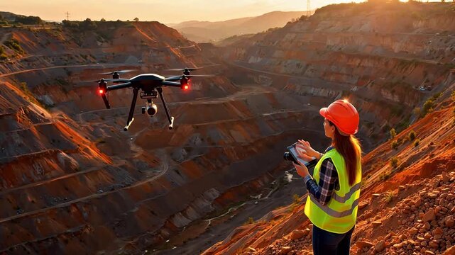 Woman operating drone at mining site