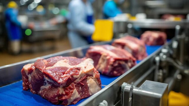 Close-up of meat cuts on conveyor belt being processed by industrial machinery, automated packaging system in operation, quality control checks, factory production line scene