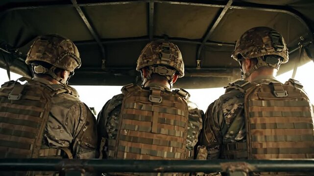 Three soldiers in tactical gear standing inside a vehicle, viewed from behind, ready for deployment