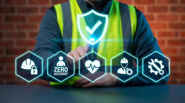 Safety and zero accident concept, worker touching screen with shield icon and icons for safety and health