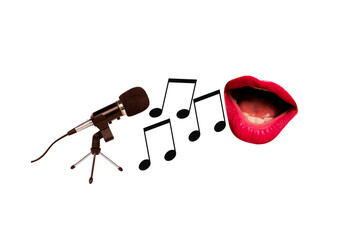 Creative poster trend art collage of mouth sing microphone karaoke event note music studio event...